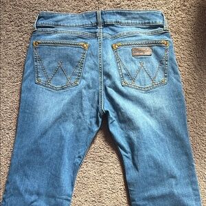 Wrangler Women's Boot Cut Jeans in Blue with Gold Stitching